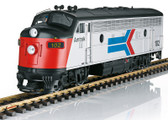 This is a model of an EMD F7 A unit diesel locomotive painted and lettered for the American railroad Amtrak. The paint scheme and lettering are prototypical for Era IV. Both trucks are driven by powerful ball bearing Bühler motors. Traction tires. The locomotive has a built-in mfx/DCC decoder with a variety of light and sound functions that can be controlled digitally. It also has a built-in socket on the back of the locomotive to supply power from the decoder in the A unit to the speaker in the B unit to go with this locomotive. The locomotive has many separately applied details, and the cab doors can be opened.
Length over the couplers 61 cm / 24".

The B unit to go with this locomotive is available under item number 21581, and another A unit with a different road number is available under item number 21582. A typical express train from Era IV – such as the famous "Sunset Limited" – can be made with the equally available new Amtrak cars.

The running sounds also work in analog operation.
