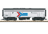 This is a model of an EMD F7 B unit diesel locomotive painted and lettered for the American railroad Amtrak. The paint scheme and lettering are prototypical for Era IV. The model has a built-in speaker, which can be supplied with power from a 21580 or 21582 A unit using a cable included with this model.
Length over the couplers 60 cm / 23-5/8".

The A units to go with this locomotive are available under item numbers 21580 and 21582. A typical express train from Era IV – such as the famous "Sunset Limited" – can be made with the equally available new Amtrak cars.