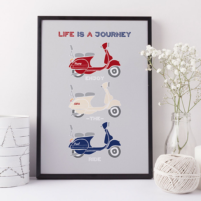 Personalised Retro Vespa Scooter Print - Red Cream and Blue