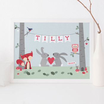 Personalised Woodland Animal Print - pink and blue tones