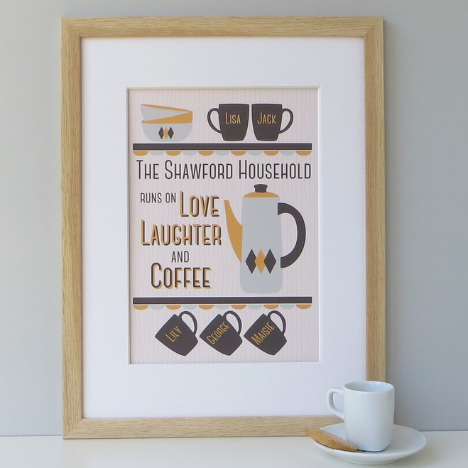 Personalised Coffee Lover's Family Print - 5 cup design - yellow/grey - framed