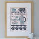 Personalised Coffee Lover's Family Print - 6 cup design - blue/teal - framed