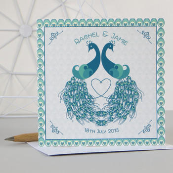Personalised Art Deco Inspired Peacock Wedding Anniversary Engagement Card