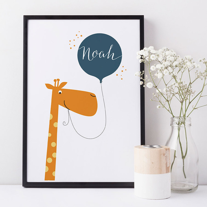 Personalised Fun Giraffe Name Print For Children - blue