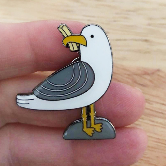Seagull with a Stolen Chip enamel pin badge by Wink Design
