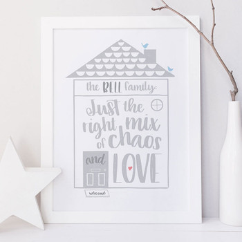 Personalised Family House Print 'Just The Right Mix of Chaos and Love'
