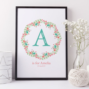 Floral Initial Letter Birth or Christening Print by Wink Design 