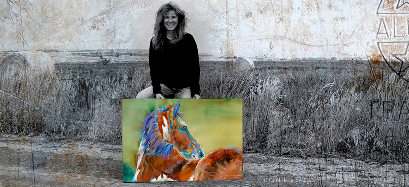 Montana artist, Carol Hagan holds a photo of a painting of a green horse