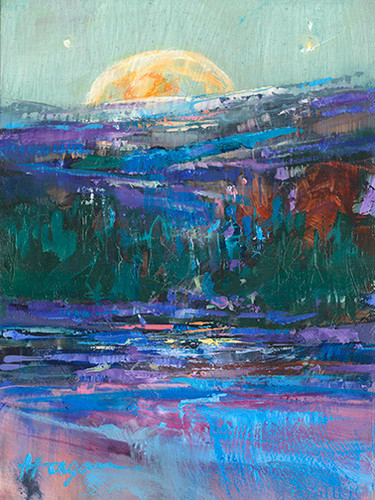 "Moonrise Over Whitefish" original oil on panel