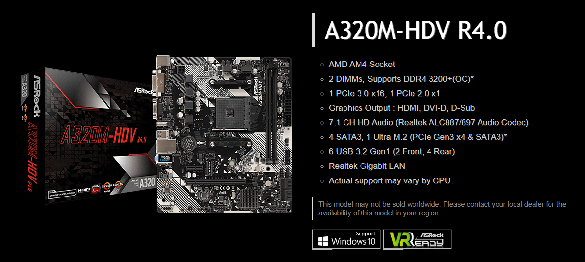 ASRock A320M-HDV R4.0 AMD Ryzen AM4 Compatible with A320 Chip MicroATX  Motherboard
