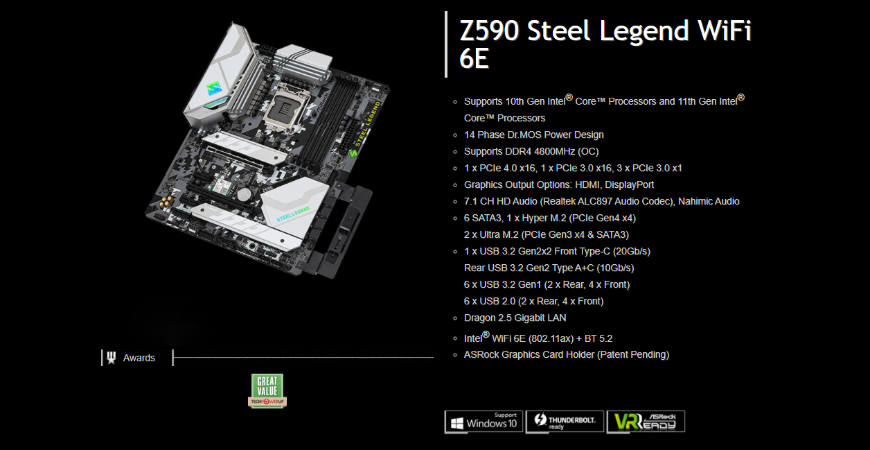 ASRock Z590 STEEL LEGEND WIFI 6E LGA1200/Intel Z590/ DDR4/ Quad CrossFireX/  SATA3&USB3.2/ M.2/ Bluetooth/ATX Motherboard