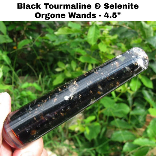 Black Tourmaline and Selenite Orgonite Wands, 4.5 inches in length