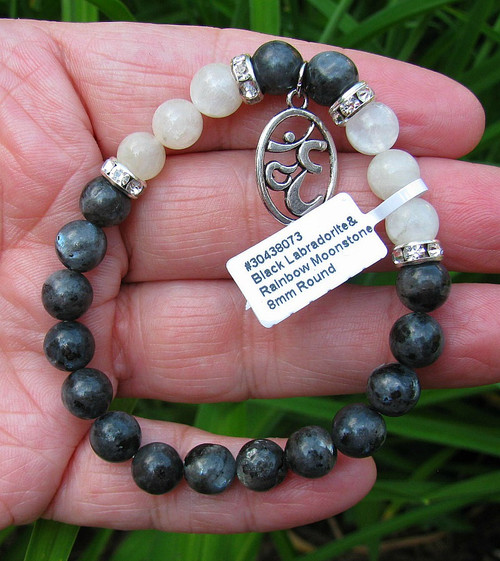 16 Black Labradorite beads with 6 Rainbow Moonstone beads with or without OM charm