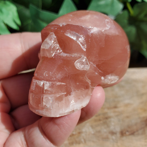 Strawberry Calcite, Rose Calcite Skull side view