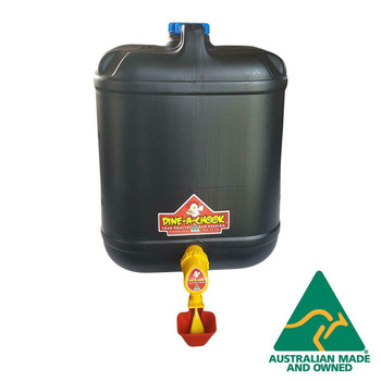 Dine a Chook Low Maintenance Chicken Drinker. Go for over a week without refilling, depending on flock size and weather, with a 20 Litre Drum Chicken Drinker. With a Single Lubing Cup suitable for small flocks.