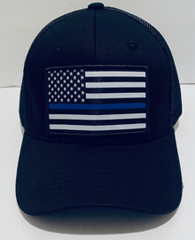 POLICE BLUE LINE FLAG HAT - Black Trucker Snapback Ball Cap / Hat