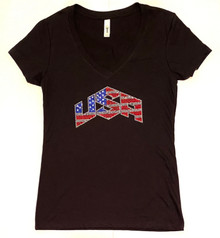 USA Word - Women's Bling Rhinestone V-Neck Shirt