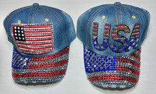 USA Patriotic Women's Denim Rhinestone Rivet Bling Hat - Quality Bling Cap / Hat
