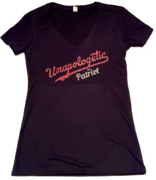 Unapologetic Patriot - Baseball Jersey Style Design - Women's Bling Rhinestud V-Neck Shirt