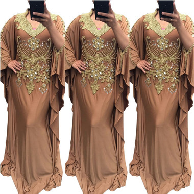 Modern Kaftan Cocktail Party Maxi Gown in Printed Satin with Embroidery