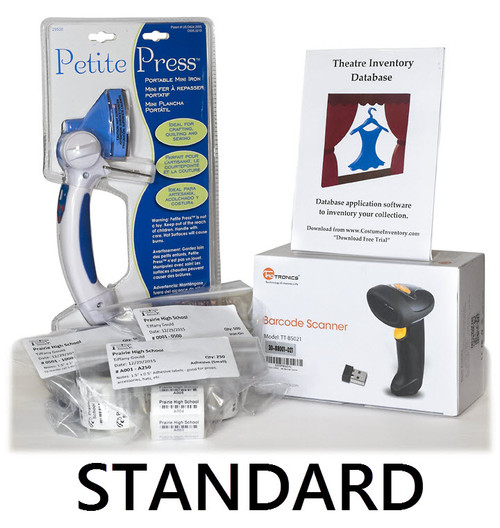 The Complete package includes the Theatre Inventory Database - Standard, 1,000 Inventory Tags, 250 Inventory Labels. a barcode scanner and the Dritz Petite Press.
