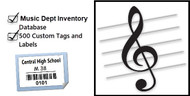 The Music Dept Startup Package includes the Music Dept. Inventory Database and 500 tags and labels (250 tags for garments, 250 labels for equipment/instruments).