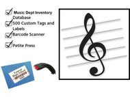 The Complete Package includes:  The Music Dept. Inventory Database, 250 Tags (for garments), 250 self-adhesive labels (for instruments/equipment), the Dritz Petite Press and a Barcode scanner .
