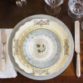 Vintage place setting, mixed patterns, cream, gray, silver, platinum and floral