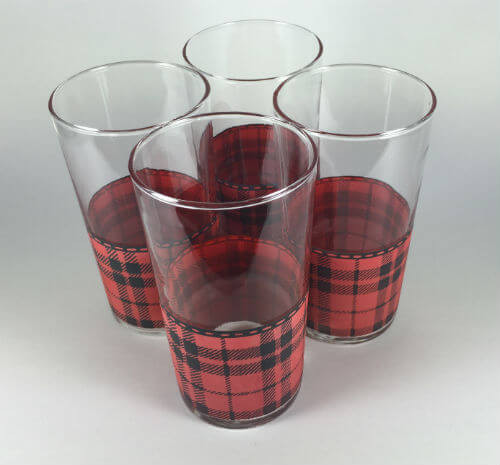 Vintage 1950s Libbey Plaid Glasses Red and Black Set of 4 top view