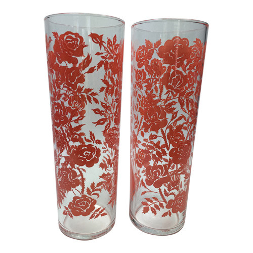 1960s Libbey Tall and Thin Coral Pink Rose Iced Tea Glass Tumblers or Collins 