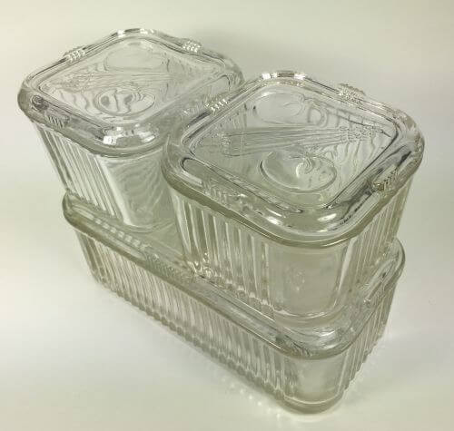 Vintage Glass Refrigerator Dishes with Covers Vegetable Motif Set of 6