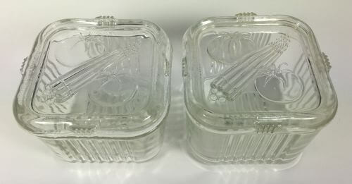 Vintage Glass Refrigerator Dishes with Covers Vegetable Motif Set of 4