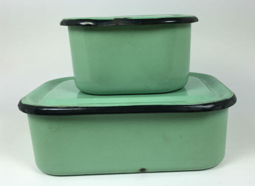Vintage Enamelware Refrigerator Boxes with Covers Lids Green and Black Set of 4