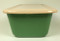 Vintage Enamelware Loaf Pan Refrigerator Box with Cover Green Cream Tan Cover Set of 2 end