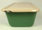 Vintage Enamelware Loaf Pan Refrigerator Box with Cover Green Cream Tan Cover Set of 2 end 2