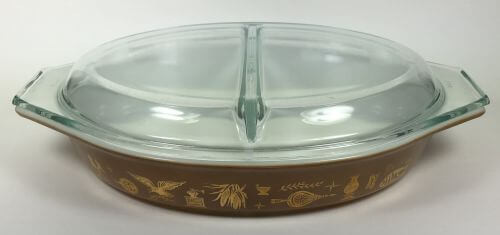 Pyrex Divided Casserole with Cover, Gold on Brown, Early American - Vintage  Grace