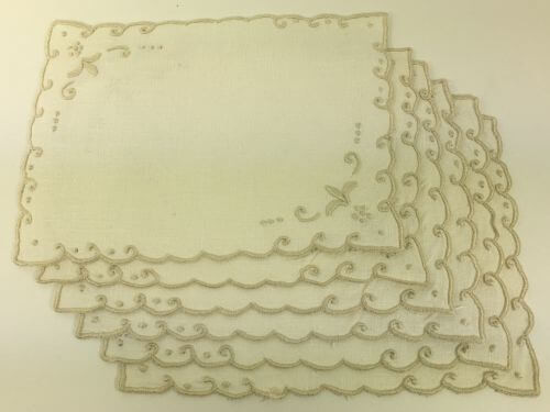 Vintage Cocktail Napkins Cream with Taupe Embroidered Edges Set of 6