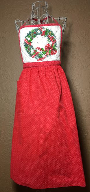Vintage Full Apron Red Skirt with Quilted Christmas Wreath Top