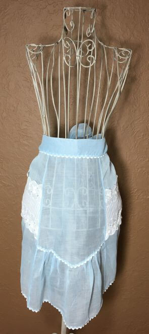 Vintage Half Apron Blue Sheer with White Lace Pockets