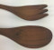 Vintage wood salad fork spoon serving set curved handle detail