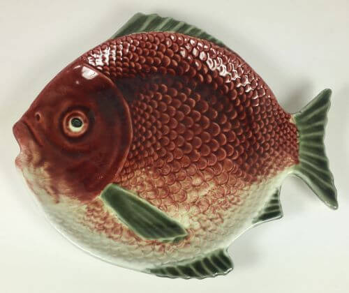 Vintage Portuguese Majolica Fish Plate Red Green