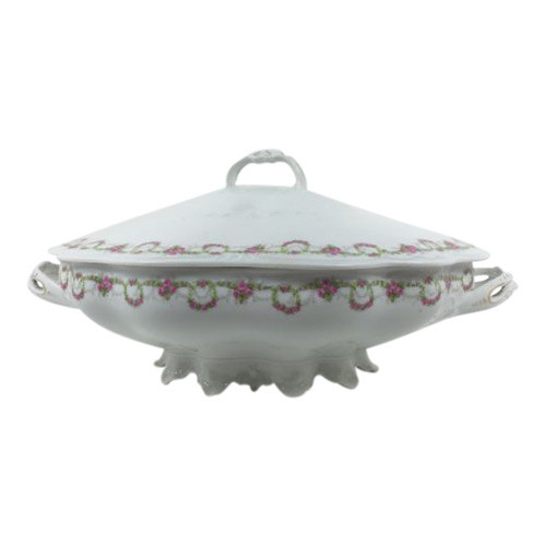 Vintage Oval Covered Vegetable Dish with Garland and Pink Roses Altrohlau MZ Austria 