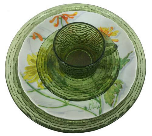 Vintage Mixed Patterns Place Settings Soreno Avocado Green Hocking Chrysanthemum Seymour Mann 4