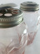Vintage Pink Depression Glass Spice Shaker Jar Set, Metal Shaker Lid Detail