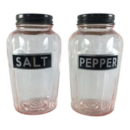 Vintage Pink Depression Glass Salt Pepper Storage Jar Set with Black Metal Lids