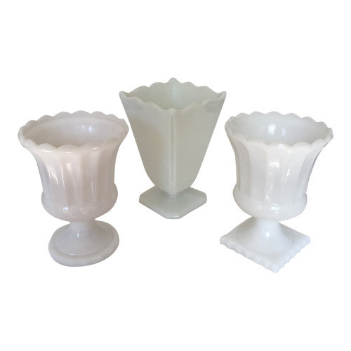 Collection of 3 White Milk Glass Vases Urns or Planters