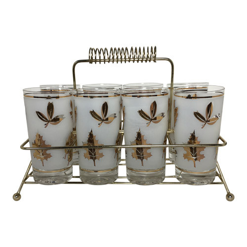 Vintage Tumblers with Caddy Libbey Gold Leaves Foliage
