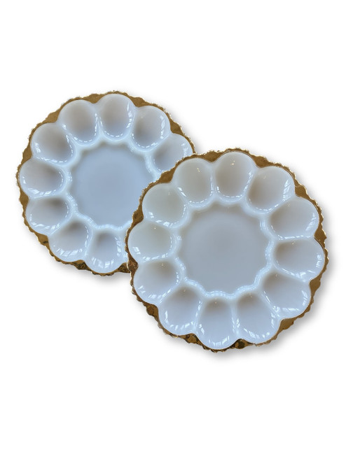 Vintage Milkglass gold deviled egg plates Anchor Hocking set of 2