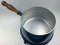 Vintage Blue Fondue Pot with wood handle cover lid and stand inside
