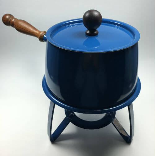 Vintage Blue Fondue Pot with wood handle cover lid and stand